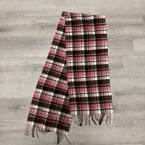Pink Brown Plaid 100% Acrylic Fringed Scarf Made In Korea Black Rivet 11x68
